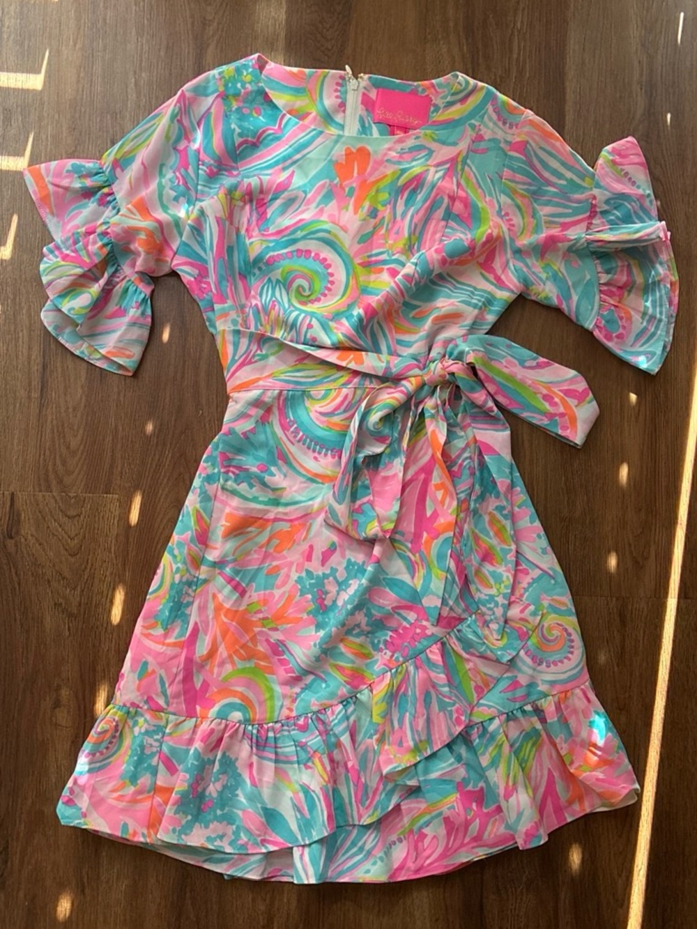 Lilly Pulitzer Pink, Aqua & Orange Swirl Tie-Waist Casual Dress 00